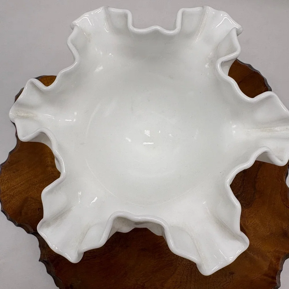Vintage Fenton Hobnail Milk Glass Footed Compote Candy Dish Ruffled/Crimped Edge